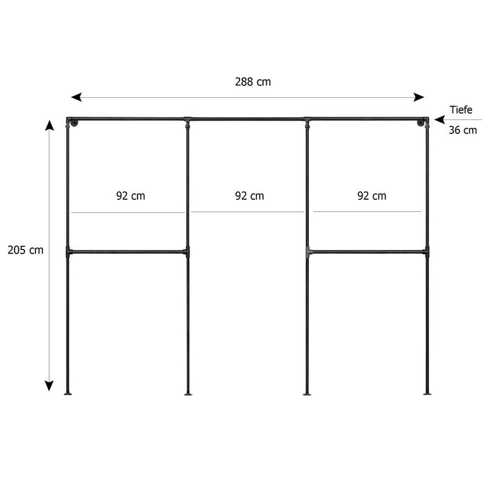 Skizze urb.style Sven wandmontierter Kleiderständer Rohrregal in 288 cm Breite und 205 cm Höhe