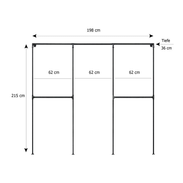 Skizze urb.style Sven wandmontierter Kleiderständer Rohrregal in 198 cm Breite und 215 cm Höhe