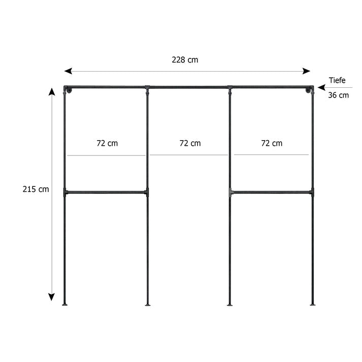 Skizze urb.style Sven wandmontierter Kleiderständer Rohrregal in 228 cm Breite und 215 cm Höhe