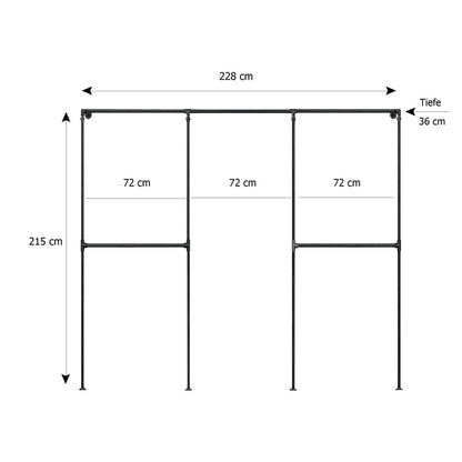 Skizze urb.style Sven wandmontierter Kleiderständer Rohrregal in 228 cm Breite und 215 cm Höhe