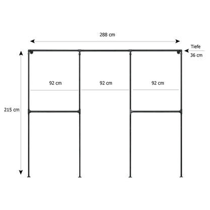Skizze urb.style Sven wandmontierter Kleiderständer Rohrregal in 288 cm Breite und 215 cm Höhe
