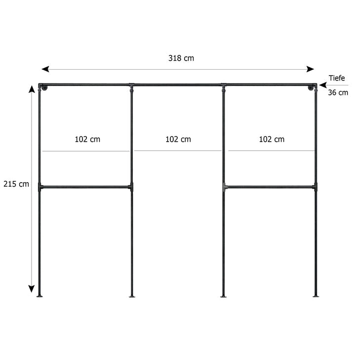 Skizze urb.style Sven wandmontierter Kleiderständer Rohrregal in 318 cm Breite und 215 cm Höhe