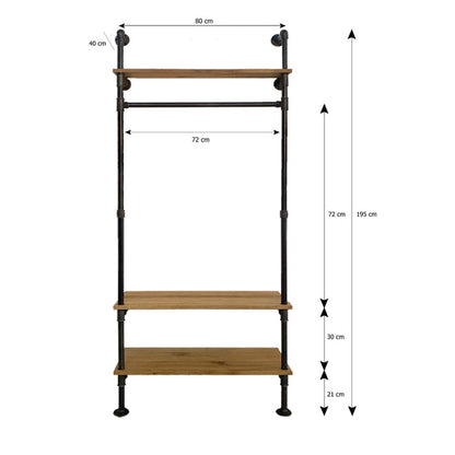 Skizze urb.style Nina wandmontierte Garderobenstange mit Holz aus Rohr mit Hutablage in Höhe 195 cm und Breite 80 cm