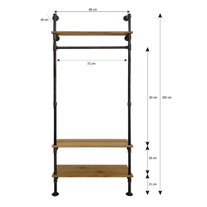 Skizze urb.style Nina wandmontierte Garderobenstange mit Holz aus Rohr mit Hutablage in Höhe 205 cm und Breite 80 cm