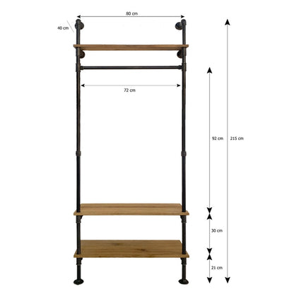 Skizze urb.style Nina wandmontierte Garderobenstange mit Holz aus Rohr mit Hutablage in Höhe 215 cm und Breite 80 cm